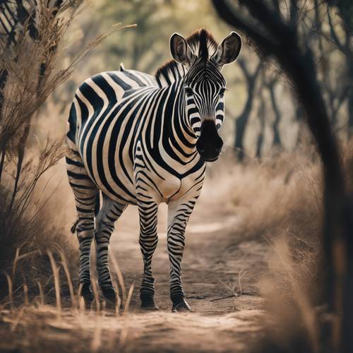 Uma zebra vagando por florestas densas, um cenário que contrasta com o cenário habitual da savana.