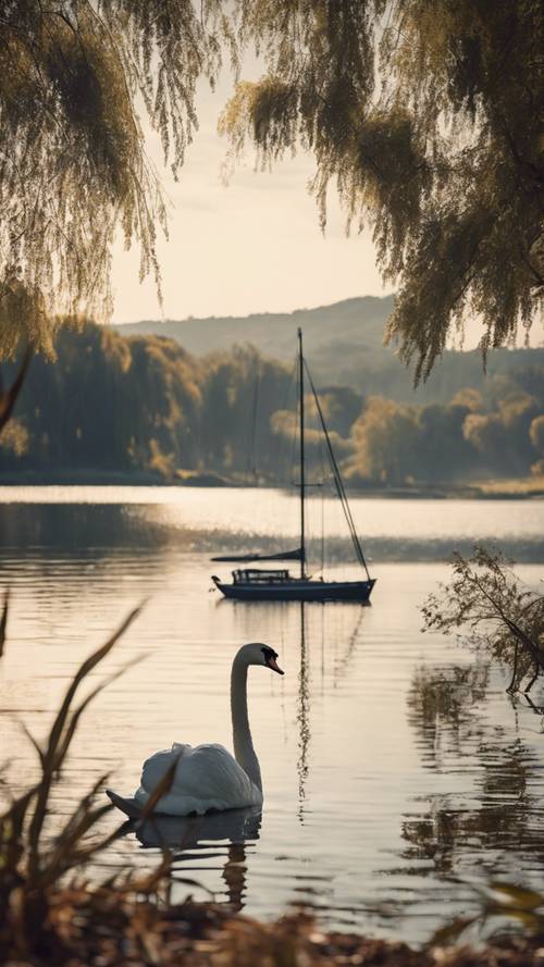 A peaceful scene of a lake with a swan beside a moored sailing boat.