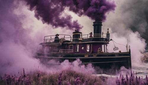 A tumultuous swirl of black and heather purple smoke dancing from the tiller of a grizzled old steam boat.