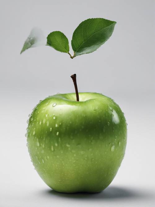在纯白色背景下近距离观察单个青苹果，体现简约主义。