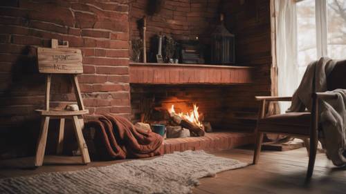 Una acogedora chimenea de ladrillo con una cálida manta colocada sobre una silla a su lado y una cita serena pintada artísticamente sobre la madera encima.