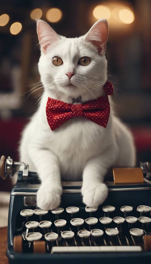 Seekor kucing putih rapi mengenakan dasi kupu-kupu merah, mengetik di mesin tik antik.