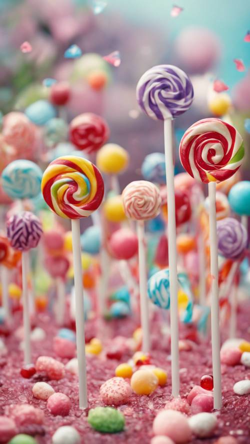 A happy scenario of lollipops growing in a candy garden, surrounded by sugary delights.
