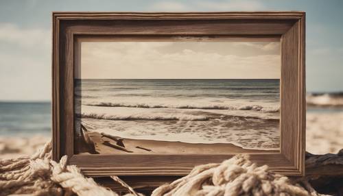 Una fotografía marrón vintage de una orilla del mar en un día soleado en un marco de madera rústico