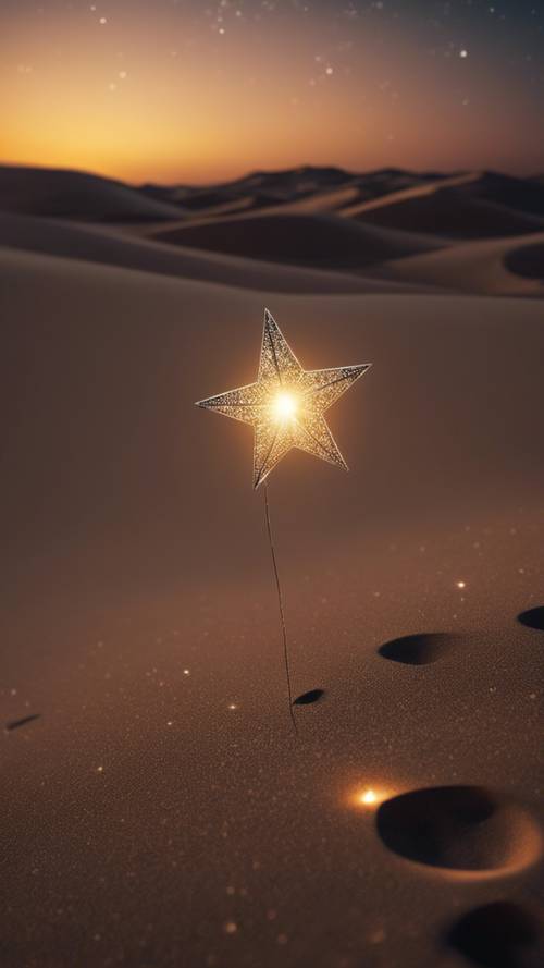 Một ngôi sao phát sáng duy nhất đang từ từ nhô lên trên vùng cát sa mạc rộng lớn vô tận trong đêm tối.