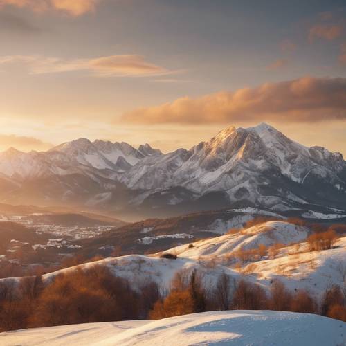 A snowy mountain range under a golden sunset. کاغذ دیواری [25eaf3c5e852456d91e2]