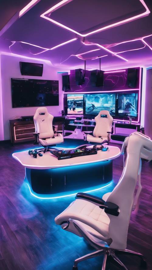 A lavish gaming room with white furniture and blue neon lights creating an energetic vibe.