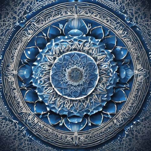 Karmaşık bir mandala tasarımı oluşturan, farklı mavi tonlarında titiz bir geometrik desen.