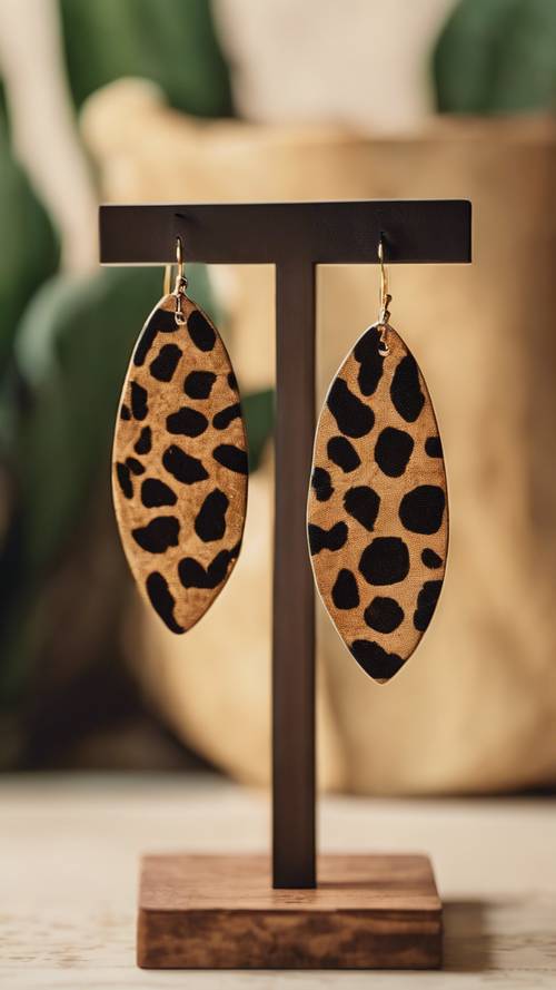 Pairs of earrings in a bold cheetah print pattern, hanging on a wooden display stand.