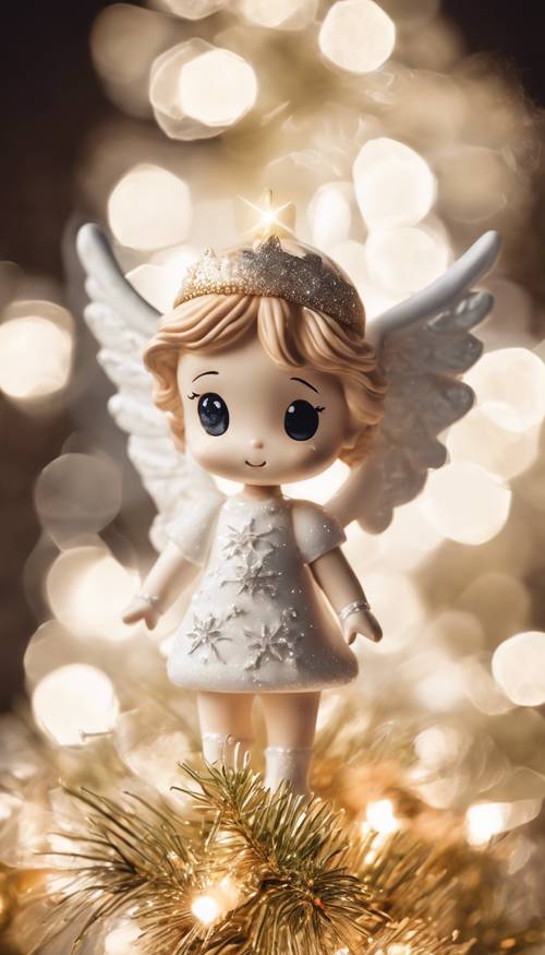 Un adorable ángel navideño estilo chibi encima de un árbol de Navidad brillante.