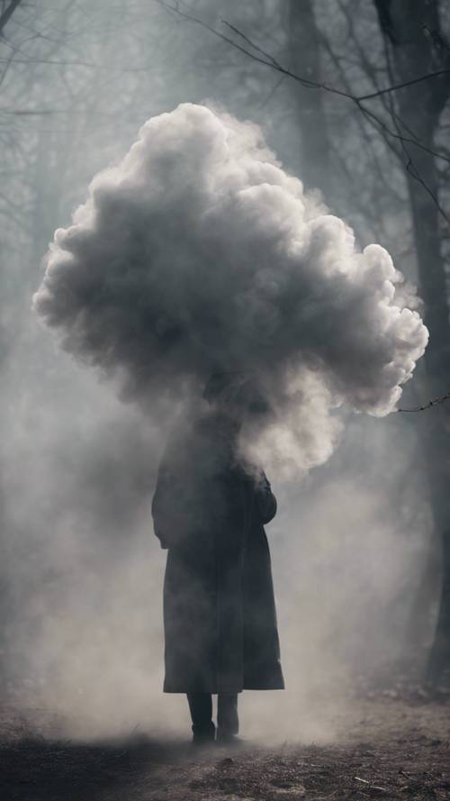 Um fantasma cintilante se materializando em uma nuvem de fumaça cinza misteriosa.