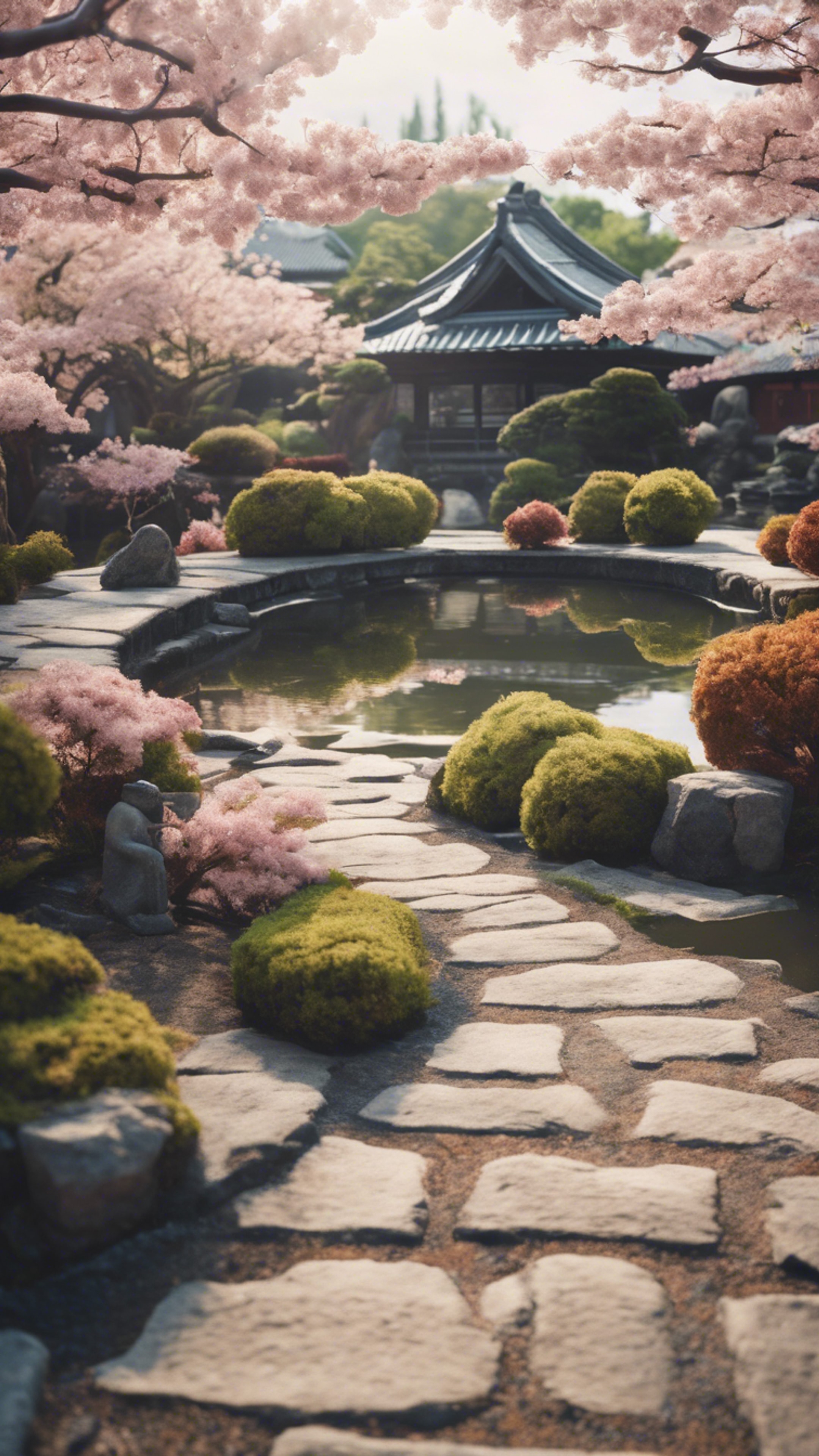 A zen Japanese garden dotted with cherry blossom trees, surrounded by stone paths and peaceful koi ponds.壁紙[3f7f565f053041458004]