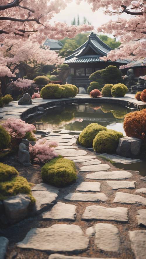 A zen Japanese garden dotted with cherry blossom trees, surrounded by stone paths and peaceful koi ponds.