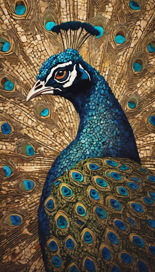 Mosaik kuno yang menggambarkan burung merak berwarna-warni dengan latar belakang pola geometris yang rumit.