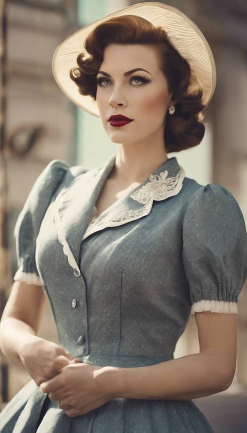 A vintage-style portrait picture of a beautiful woman in a 50s outfit. Tapet [f293396875ec4dbfa79f]