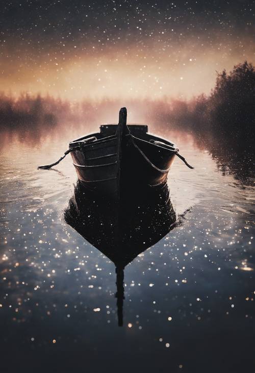 A silhouette of a lonely dark boat in the sparkling water, created in watercolor.