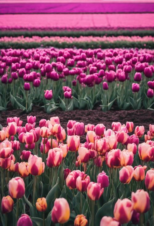 Campo de tulipanes que pasa del rosa al morado, dando el efecto de una técnica sombría.