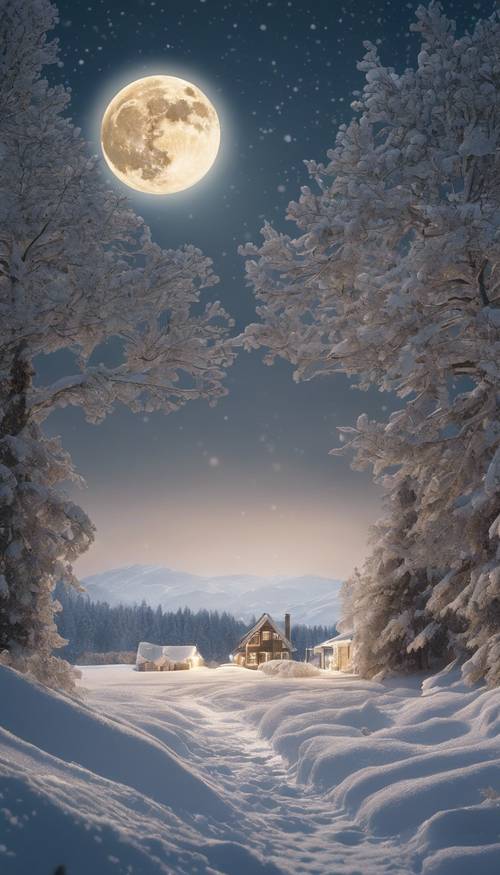 Un décor de veille de Noël avec une pleine lune brillant sur un paysage calme et enneigé.