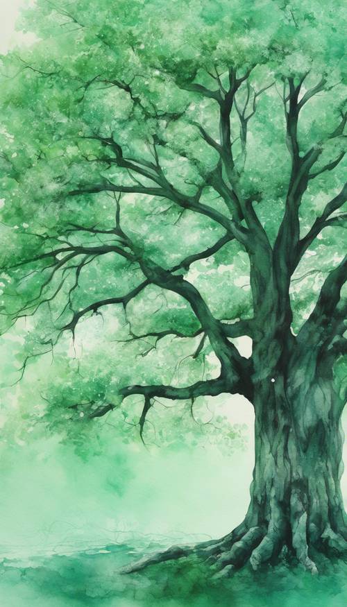 Büyük bir ağacın çarpıcı nane yeşili suluboya tablosu.