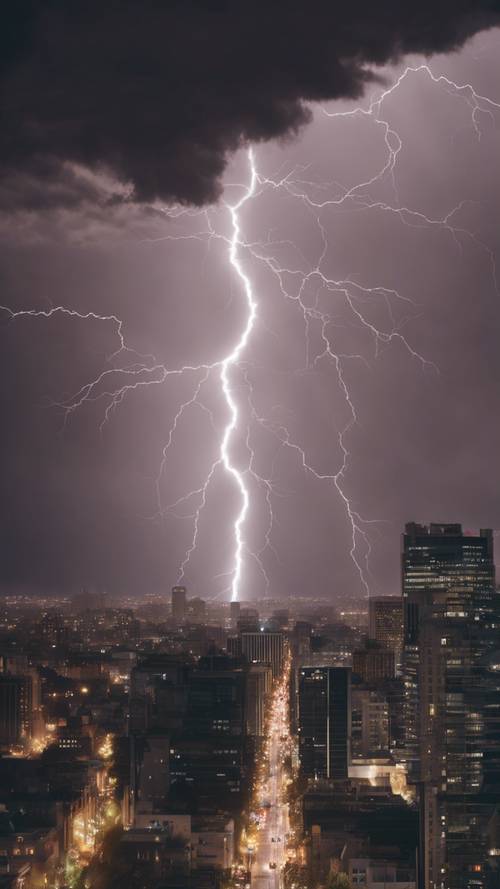 Several lightning strikes crisscrossing a dark, stormy noon sky over a bustling city