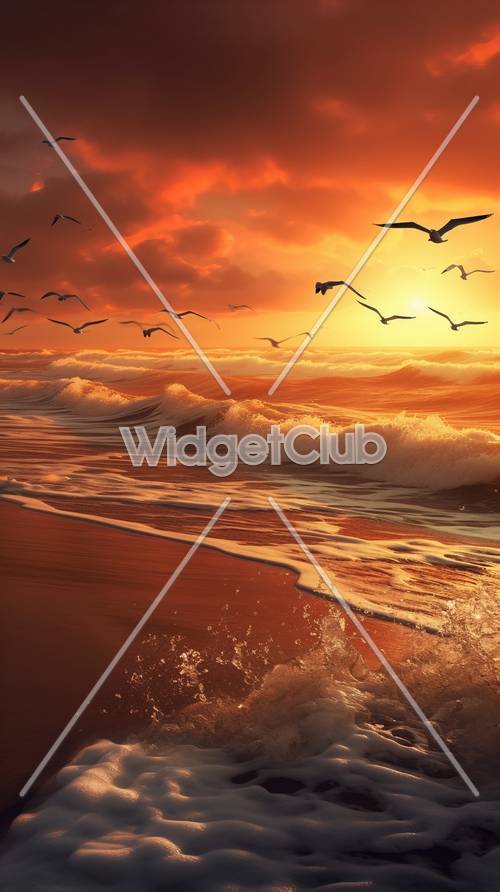 Sunset Sky and Seagulls Over Ocean Waves