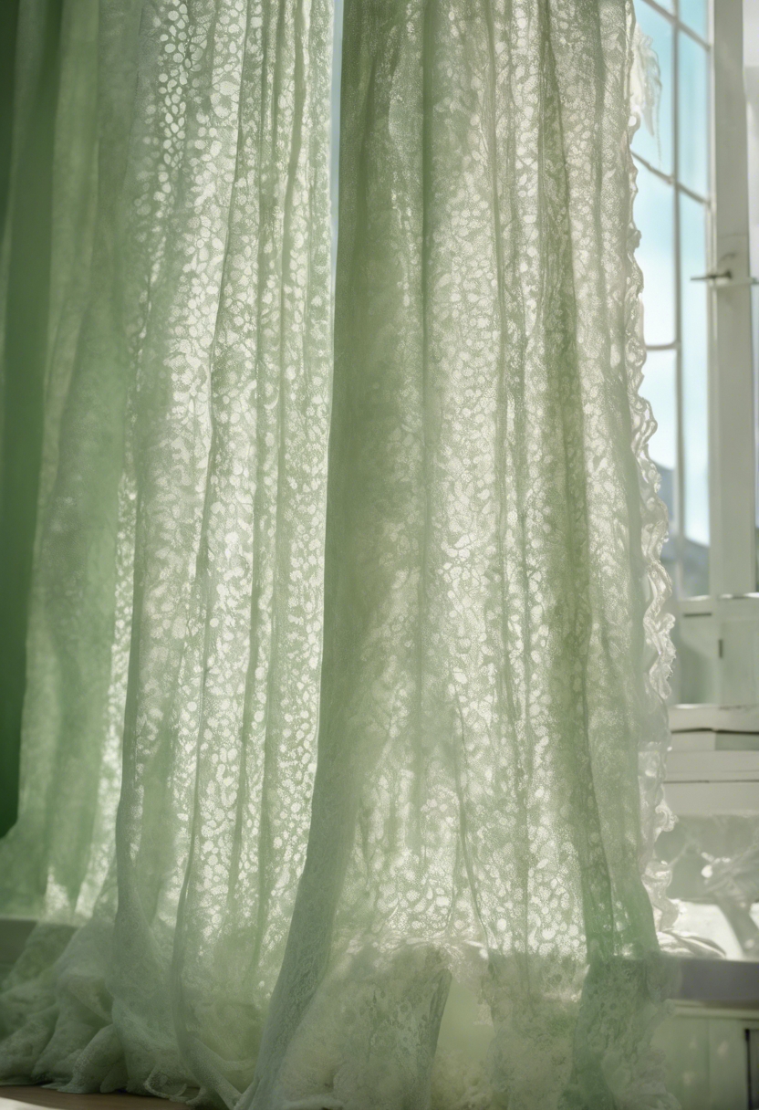 A serene pastel green bedroom with dappled sunlight coming through white lace curtains. Wallpaper[654d5a111e3b474ba308]
