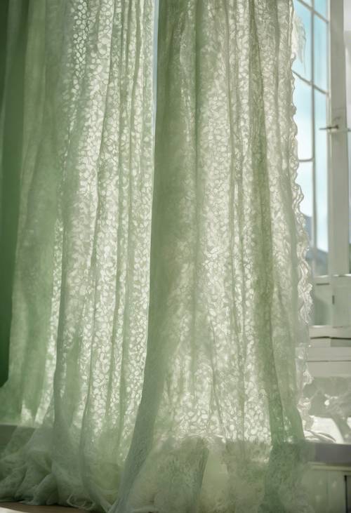 A serene pastel green bedroom with dappled sunlight coming through white lace curtains.
