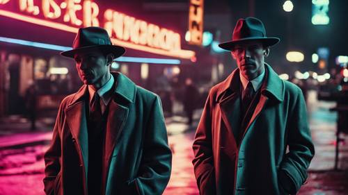 An old-timey noir detective scene, complete with fedoras and trench coats, but with a cool, modern neon black aesthetic.