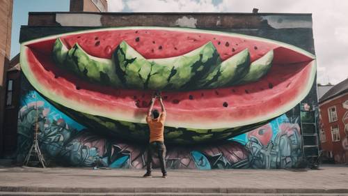 A daring graffiti artist painting a giant mural of a dancing watermelon on a city wall.