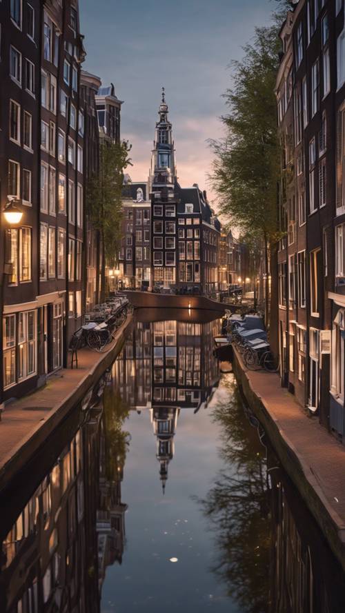 The peaceful Amsterdam skyline reflected in the calm city canals, illuminated houses maintaining the city’s charm under the starlight.