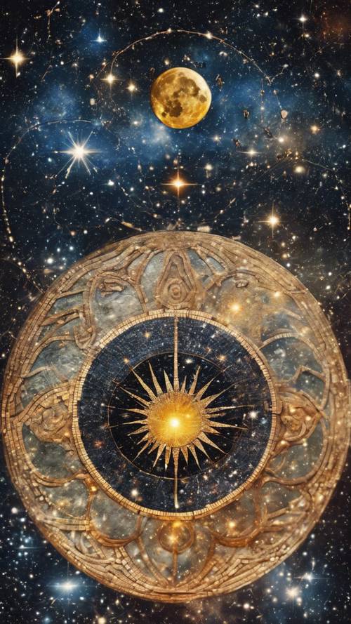 태양, 달, 별이 얽혀 있는 우주의 요소를 보여주는 모자이크 예술 작품입니다.