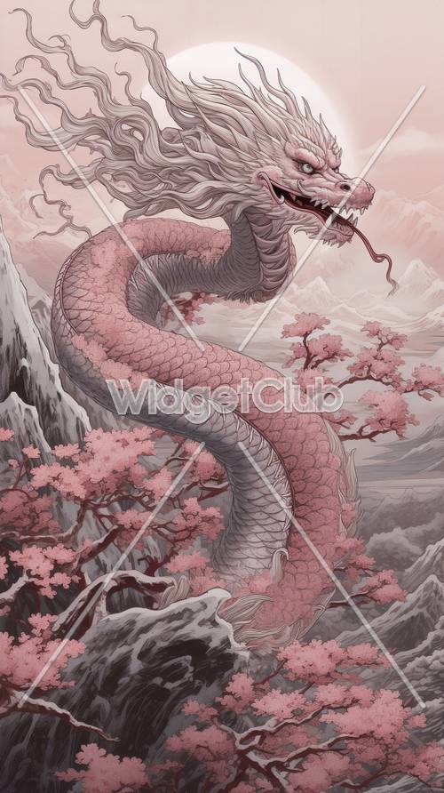 Гигантский розовый дракон среди цветущей вишни