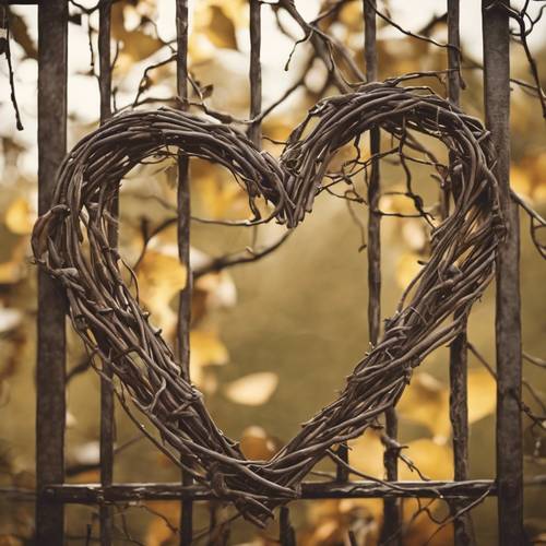 A rustic heart shaped out of intertwining vine branches, hanging on an old garden gate.