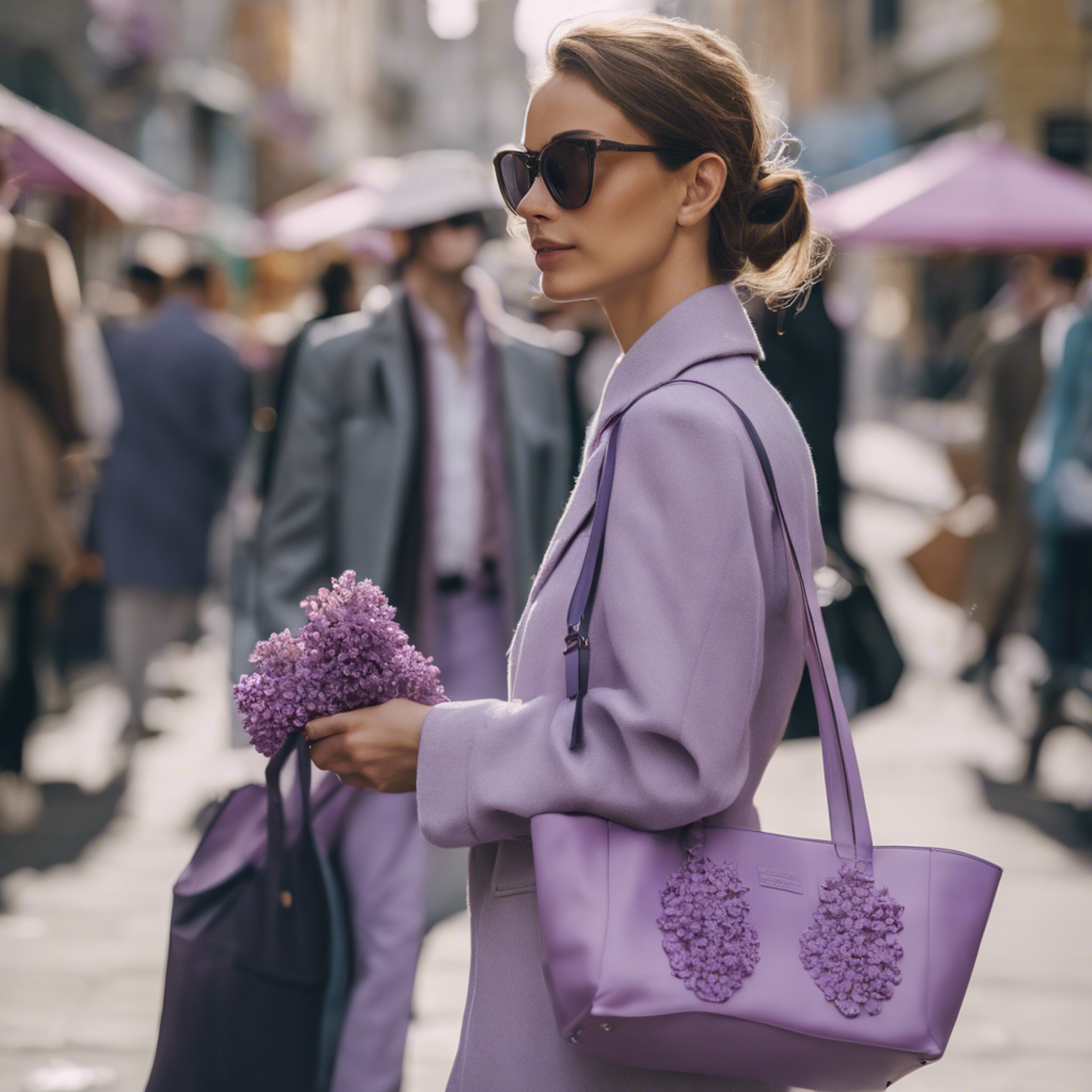 An elegant lady carrying a preppy lilac tote bag while walking along a crowded city street. Tapeta[fda66da185c34bc685d3]