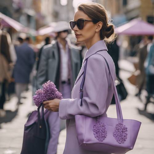 一位优雅的女士手提一个淡紫色的手提包，走在拥挤的城市街道上。