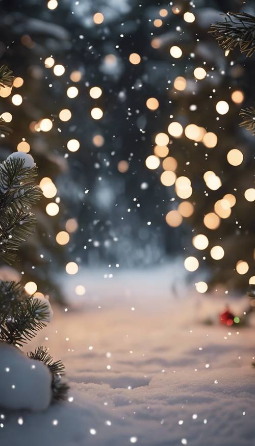 A soft-focus image of Christmas lights illuminating a snowy night of pine forest.