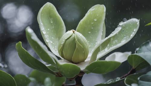 A single sage green magnolia flower right after a gentle rain.