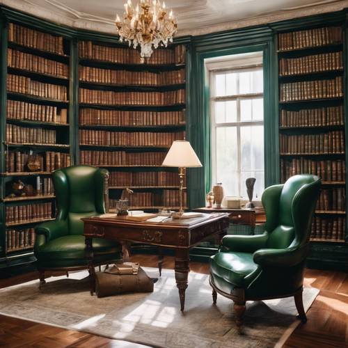 An elegant Victorian era study room with rich green leather seats, and shelves full of white bounded books.