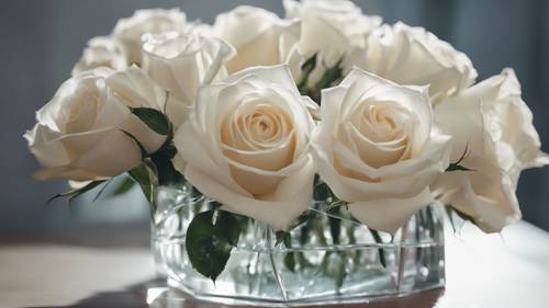 Frisch geschnittene weiße Rosen, sorgfältig arrangiert in einer Kristallvase.