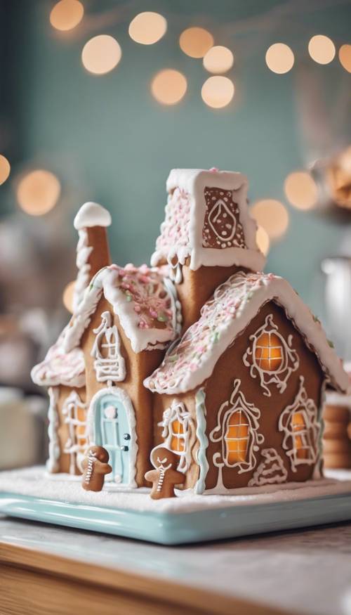 Une maison en pain d&#39;épices décorée aux couleurs pastel posée sur un comptoir de cuisine.