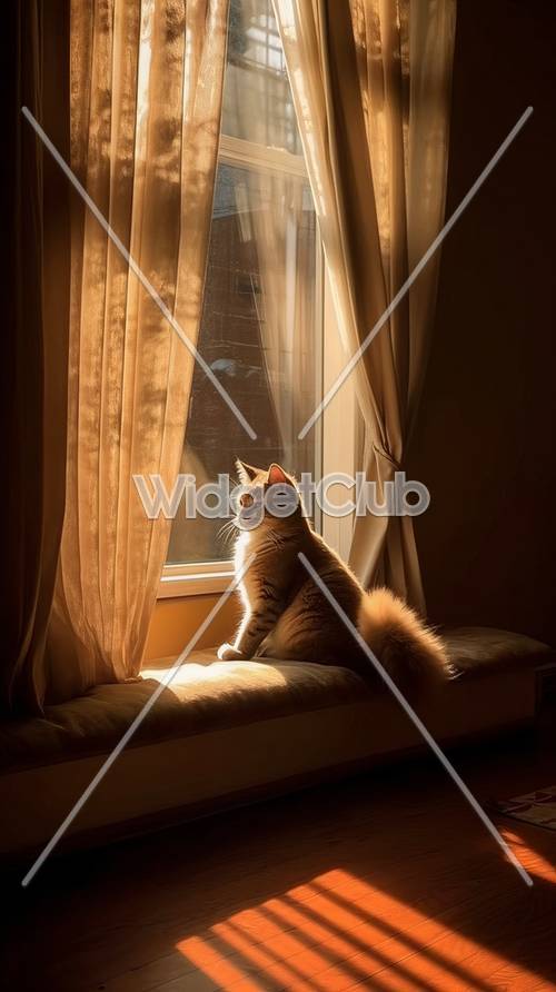 Kucing dalam Cahaya Hangat Jendela Matahari Terbenam