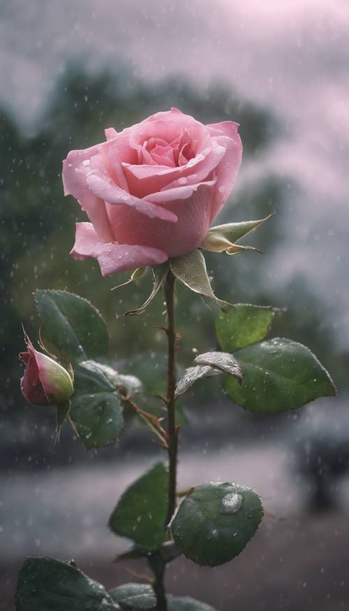 在暴風雨的日子裡，一朵粉紅色的玫瑰在風中輕輕搖曳。
