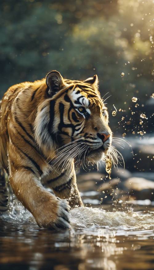 Dynamisches Bild eines goldenen Tigers, der in einen ruhigen Fluss eintaucht und mit konzentriertem Blick versucht, Fische zu fangen.