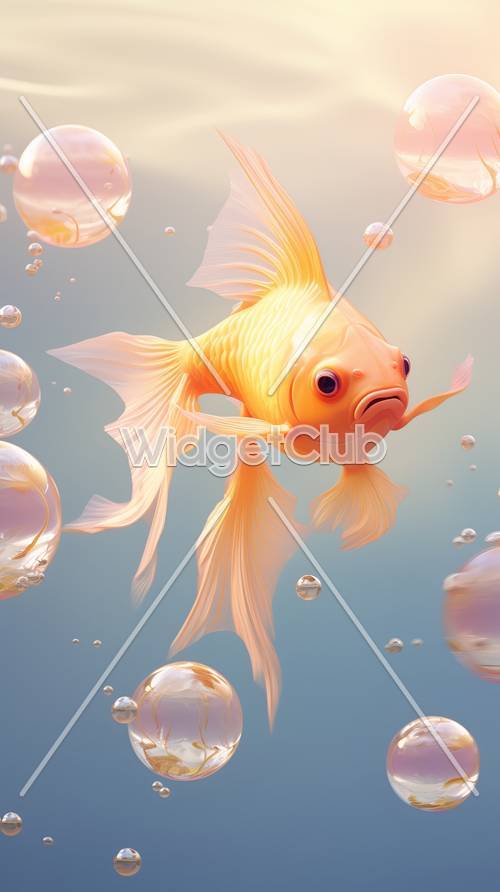 明るいオレンジ色の魚が泡の中を泳ぐ壁紙