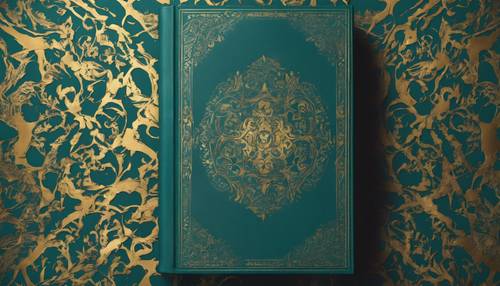 Una misteriosa cubierta de libro de damasco verde azulado con detalles dorados.