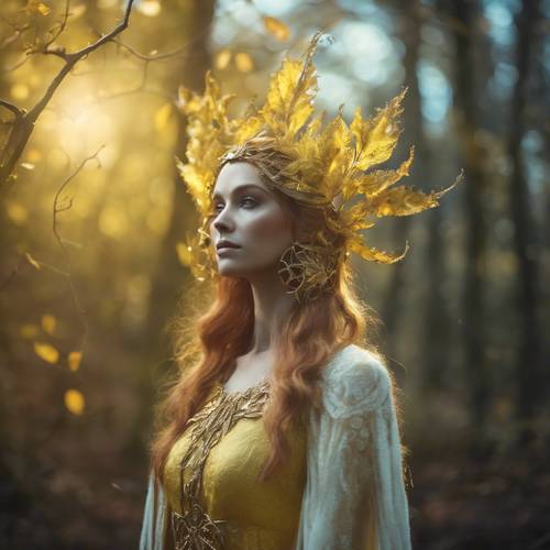 빛나는 노란색 아우라를 지닌 신비로운 엘프 여왕이 마법의 숲 속에 서 있습니다.