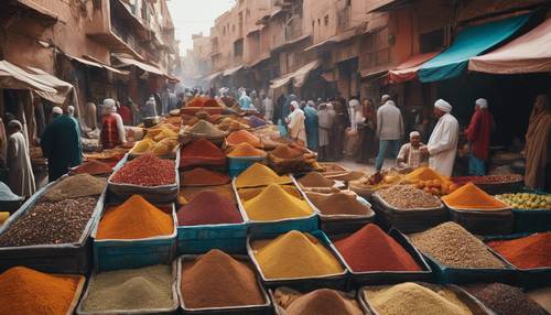 A bustling Moroccan market scene filled with aromatic spices, maze-like alleyways, and colorfully dressed locals.