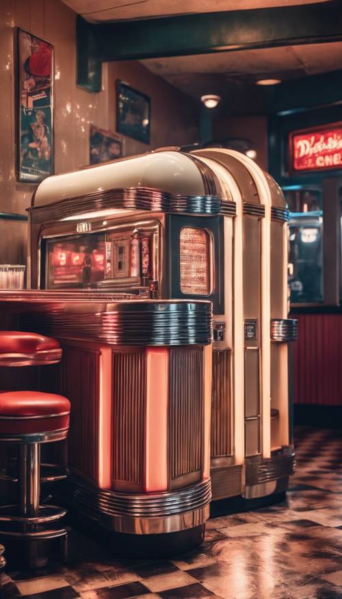 A classic 50's diner, bathed in the muted light of an old jukebox playing in a dark corner.