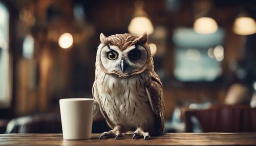 Uma coruja hipster legal com uma xícara de café, sentada em um bar de madeira vintage
