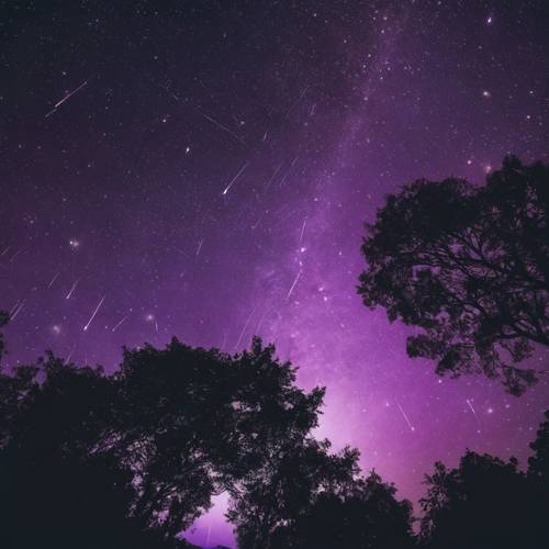 Uno spettacolo stupendo di una pioggia di meteoriti che illumina il cielo notturno viola intenso.